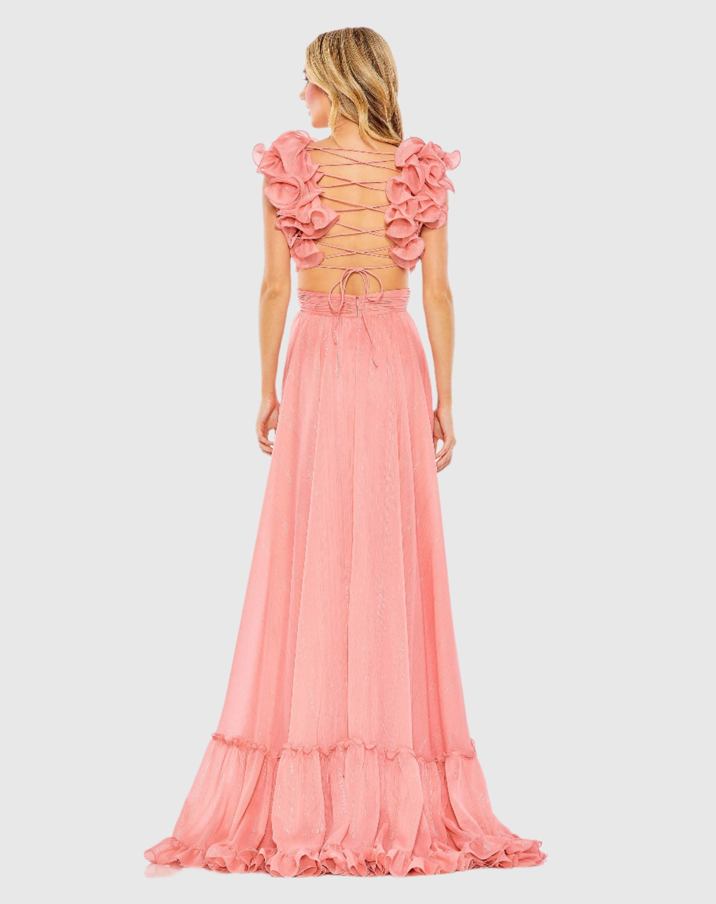 Mac Duggal 68094 Coral ruffle sleeve V neck A line gown - Back view