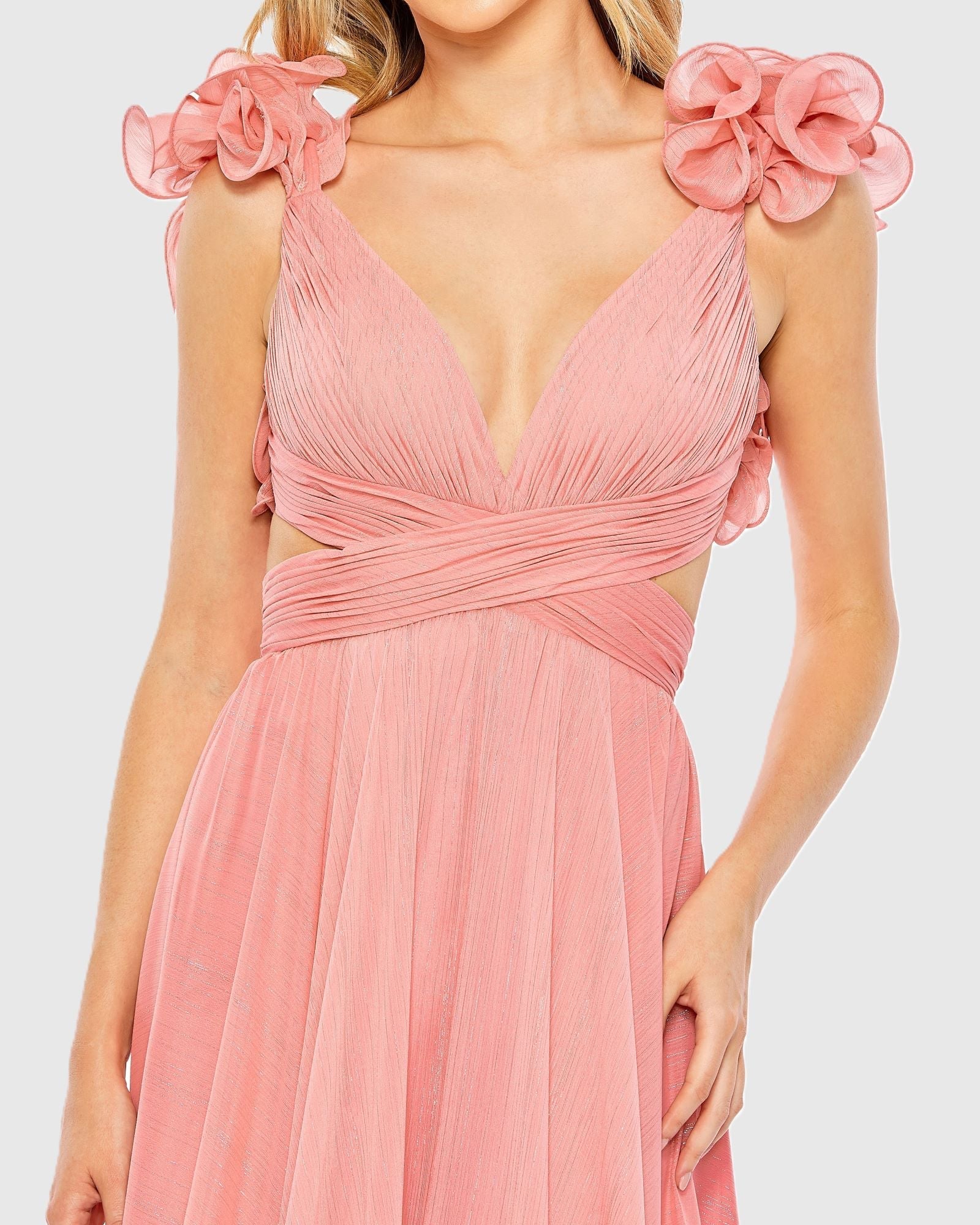 Mac Duggal 68094 Coral ruffle sleeve V neck A line gown - Close up detail