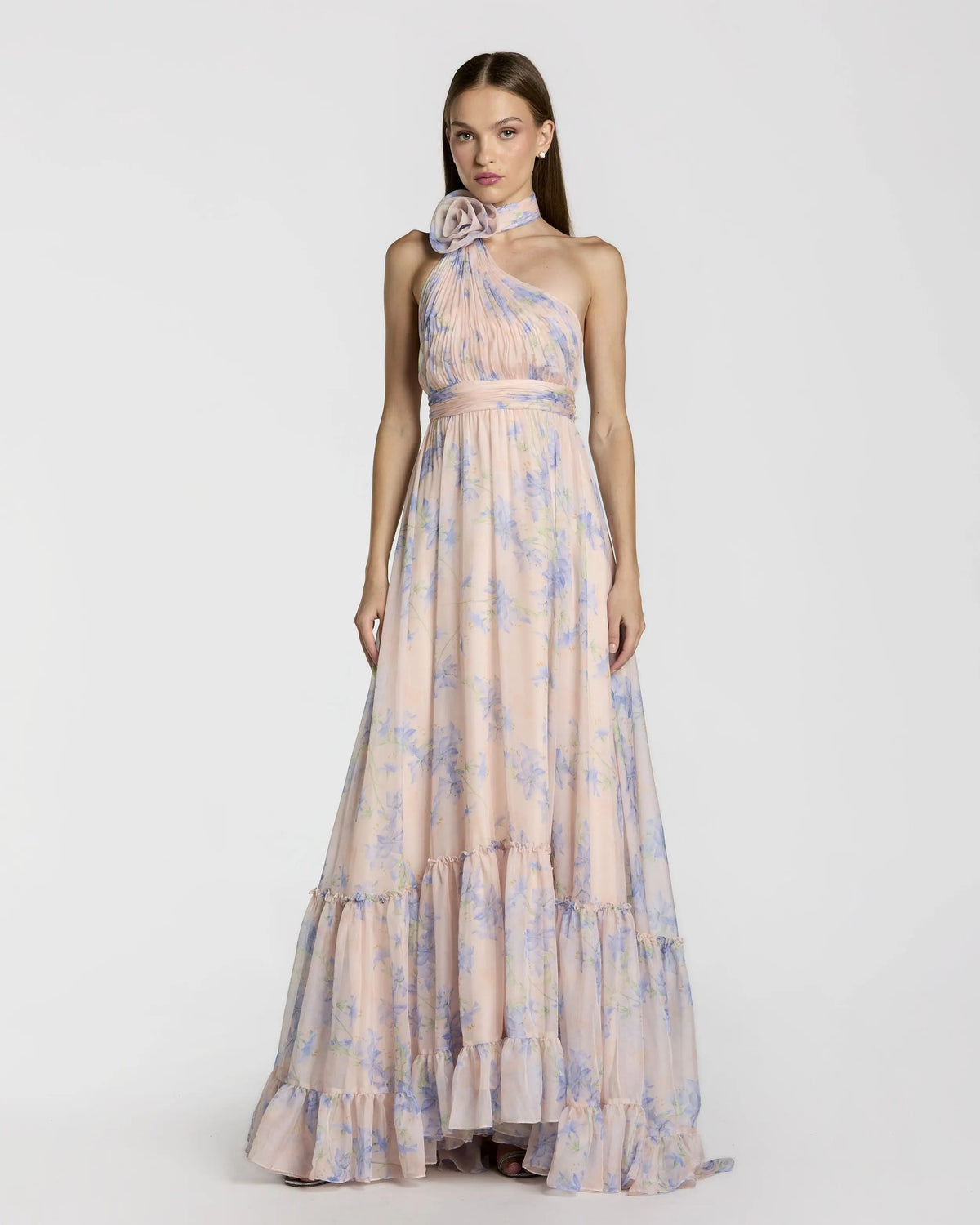 Mac Duggal #68108 Violet Multi asymmetrical ruffled halterneck floral gown