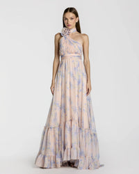 Mac Duggal #68108 Violet Multi asymmetrical ruffled halterneck floral gown