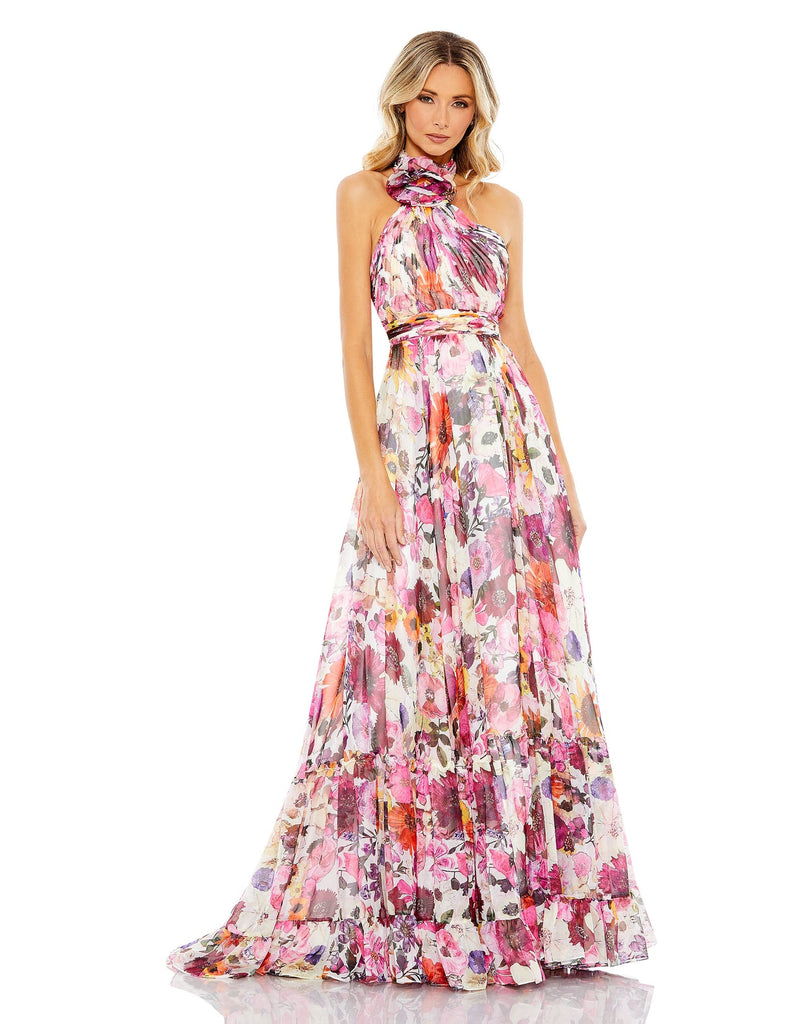 Style #68108 Designer: Mac Duggal ASYMMETRICAL RUFFLED HALTER FLORAL GOWN