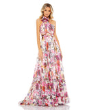 Style #68108 Designer: Mac Duggal ASYMMETRICAL RUFFLED HALTER FLORAL GOWN