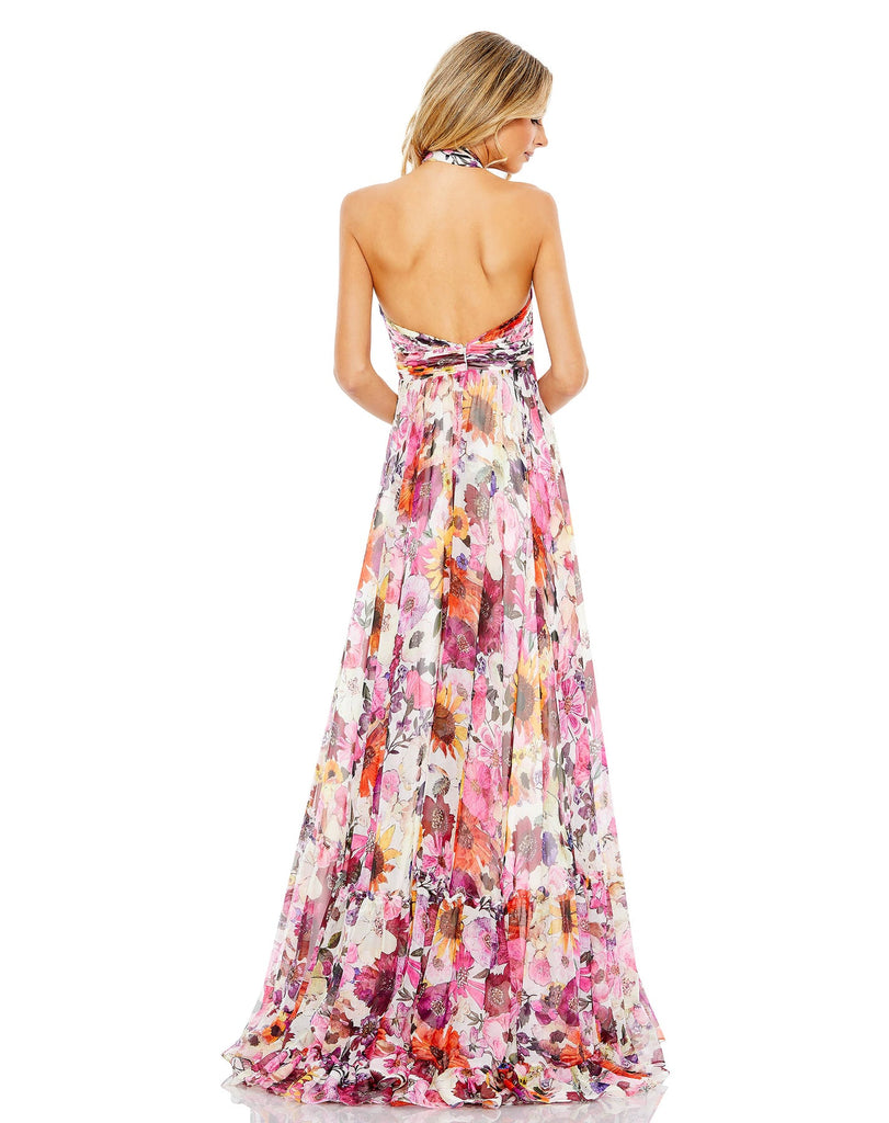 Style #68108 Designer: Mac Duggal ASYMMETRICAL RUFFLED HALTER FLORAL GOWN back