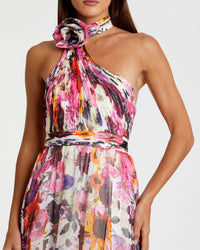 Asymmetrical ruffled halterneck floral gown - White