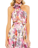Style #68108 Designer: Mac Duggal ASYMMETRICAL RUFFLED HALTER FLORAL GOWN close up front