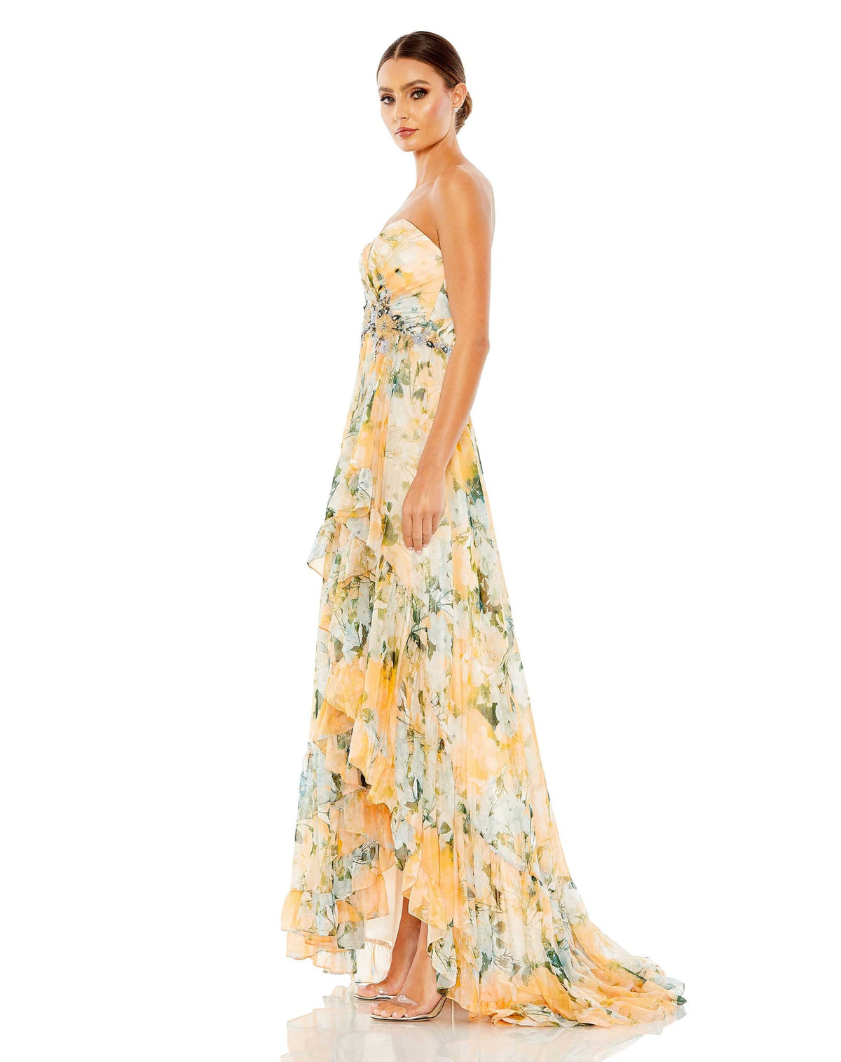 Mac Duggal Style #68117 Ruffle asymmetric strapless summer dress - Yellow side view