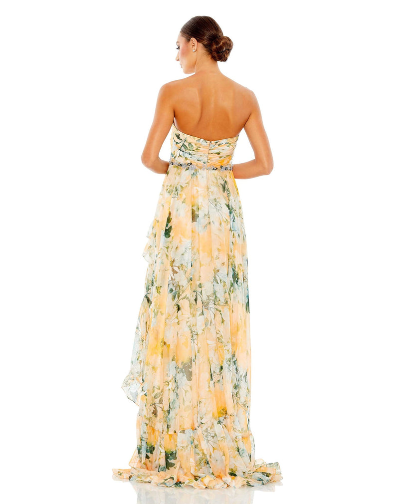 Mac Duggal Style #68117 Ruffle asymmetric strapless summer dress - Yellow back view
