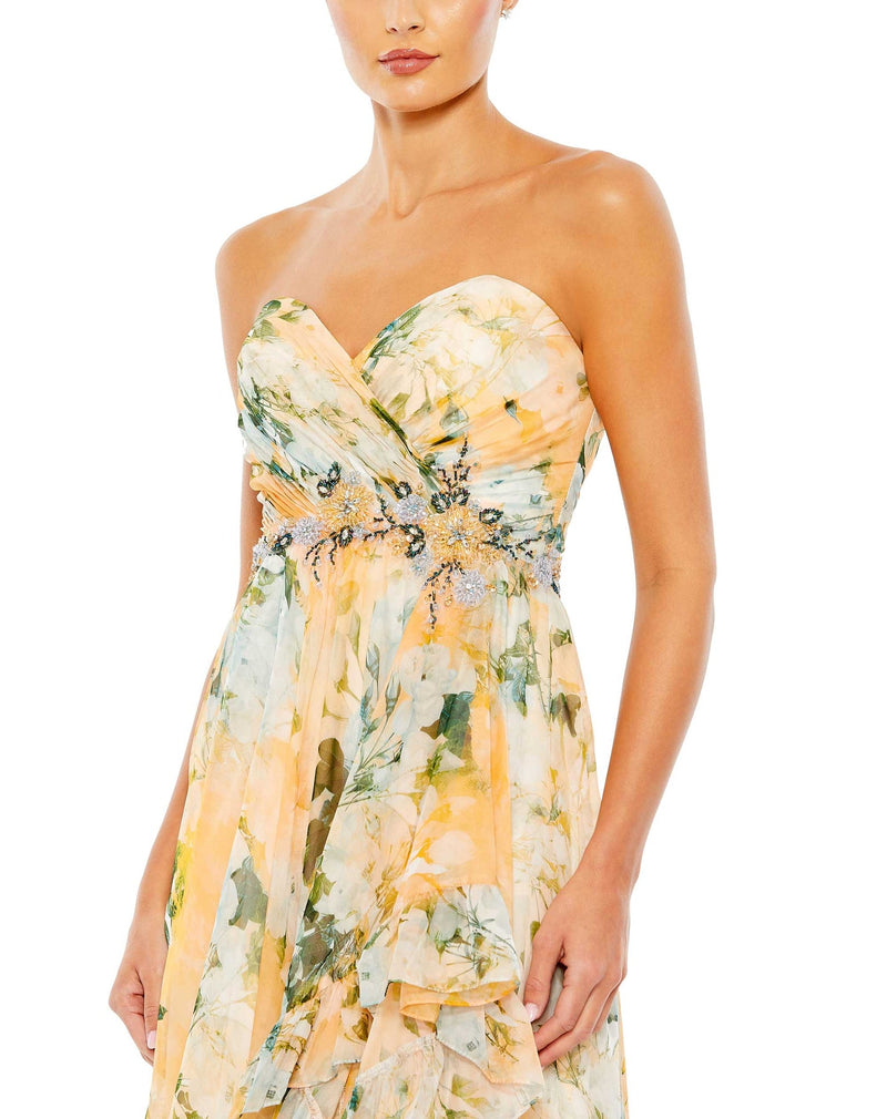 Mac Duggal Style #68117 Ruffle asymmetric strapless summer dress - Yellow close up