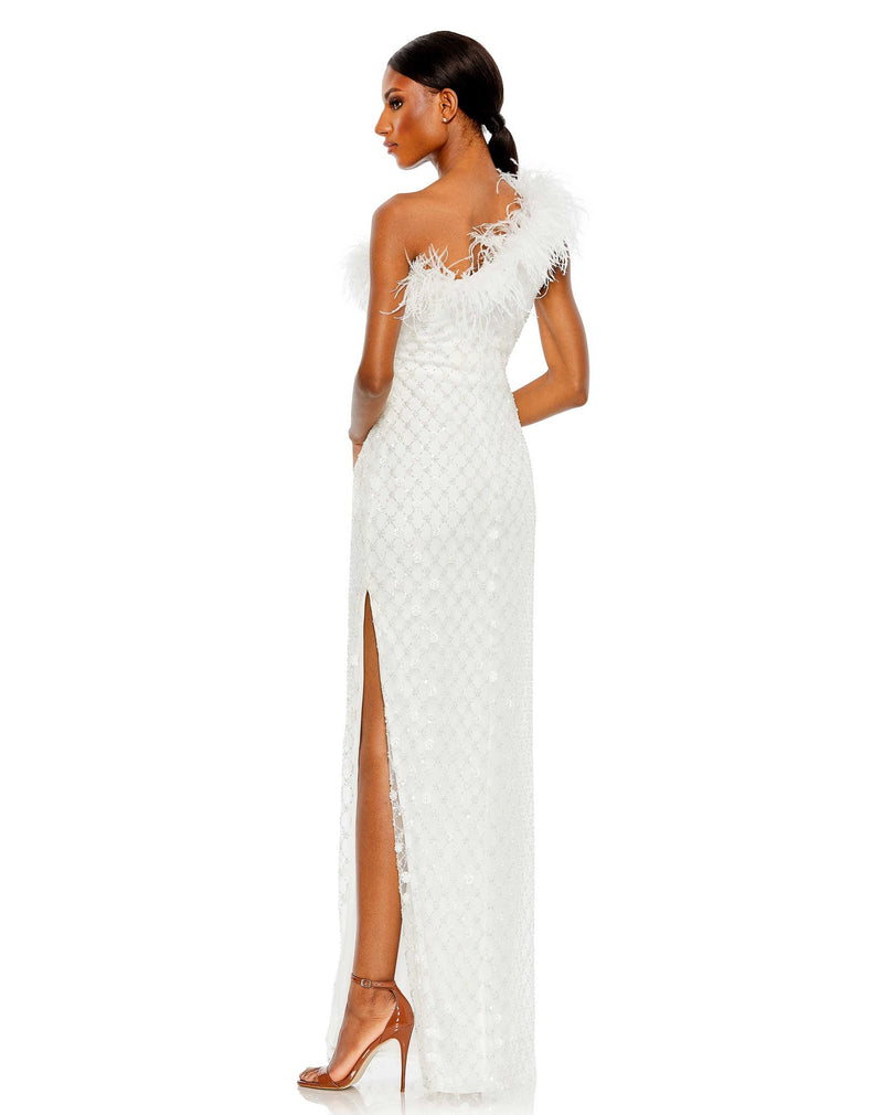 Mac Duggal Style #68139 Embellished one shoulder gown with ostrich feathers - White back
