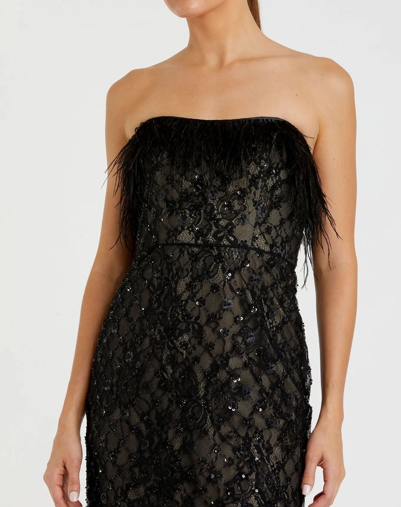 Black Embellished Feather Strapless Column Dress - Close Up