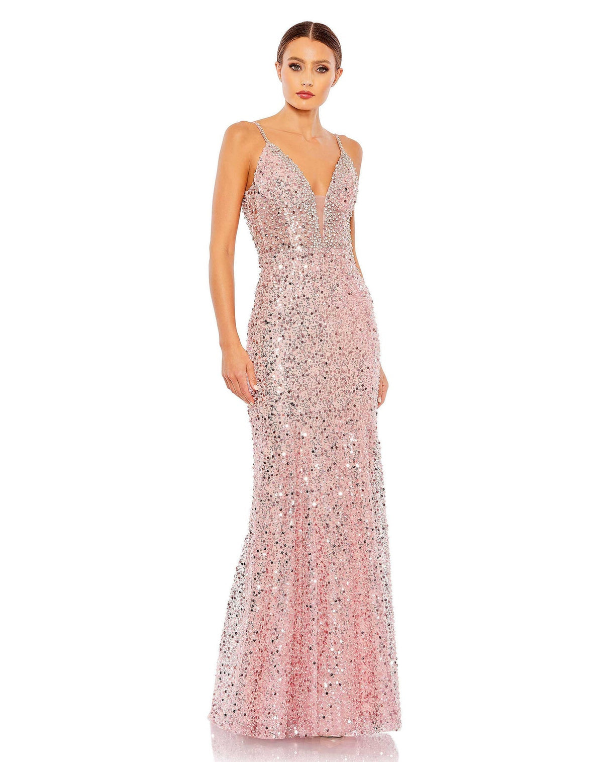 Mac Duggal Style #68175 Embellished plunge neck sleeveless trumpet gown - Rose pink sequin dress