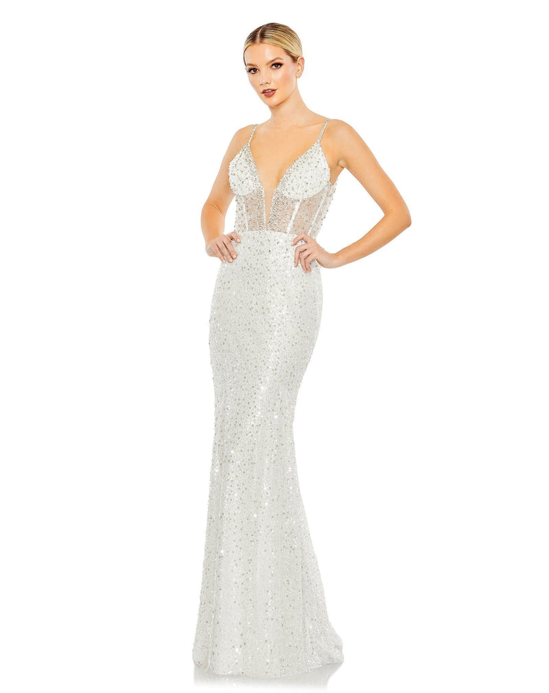 Mac Duggal Style #68175 Embellished plunge neck sleeveless trumpet gown - white sequin dress