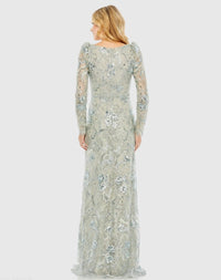 Green Embroidered Wrap Over Puff Sleeve Trumpet Gown - Back