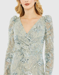 Green Embroidered Wrap Over Puff Sleeve Trumpet Gown - Close Up