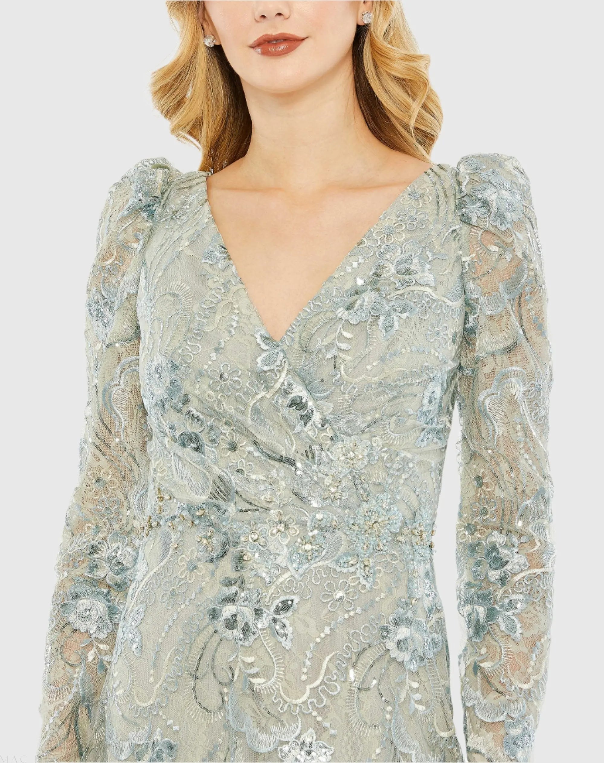 Green Embroidered Wrap Over Puff Sleeve Trumpet Gown - Close Up