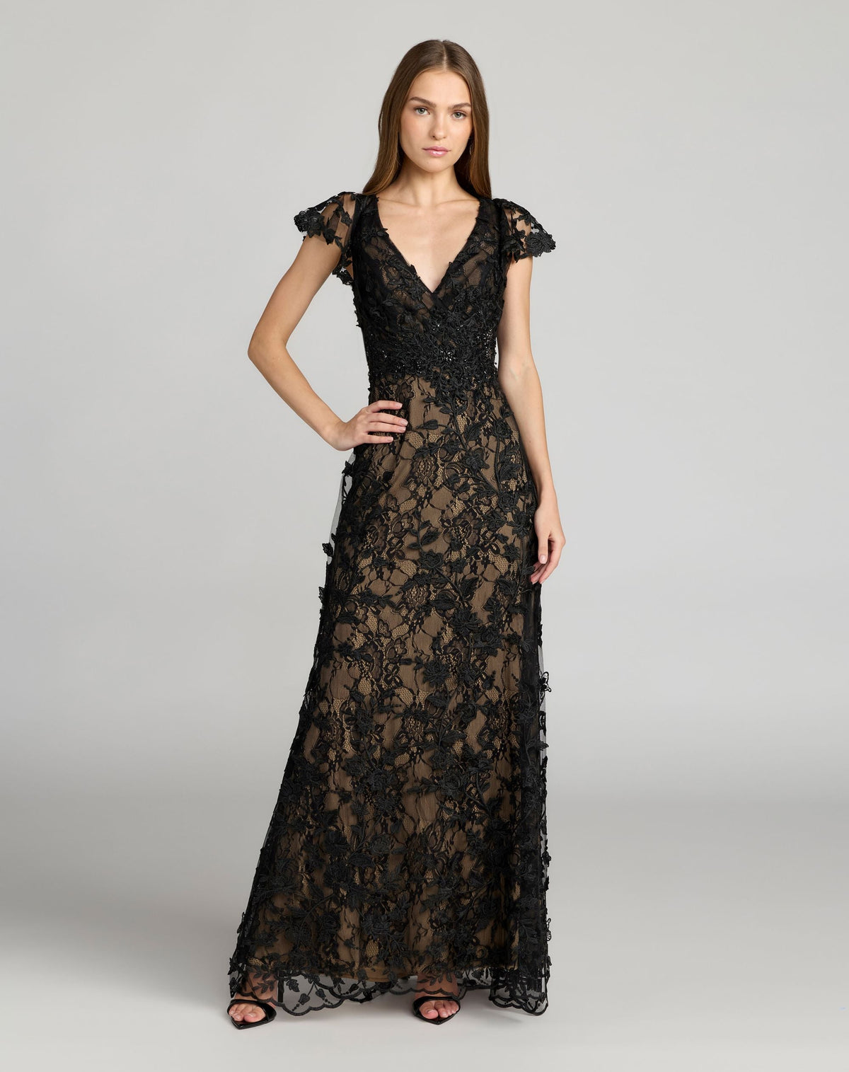 Mac Duggal #68192 black nude embroidered applique flutter sleeve gown
