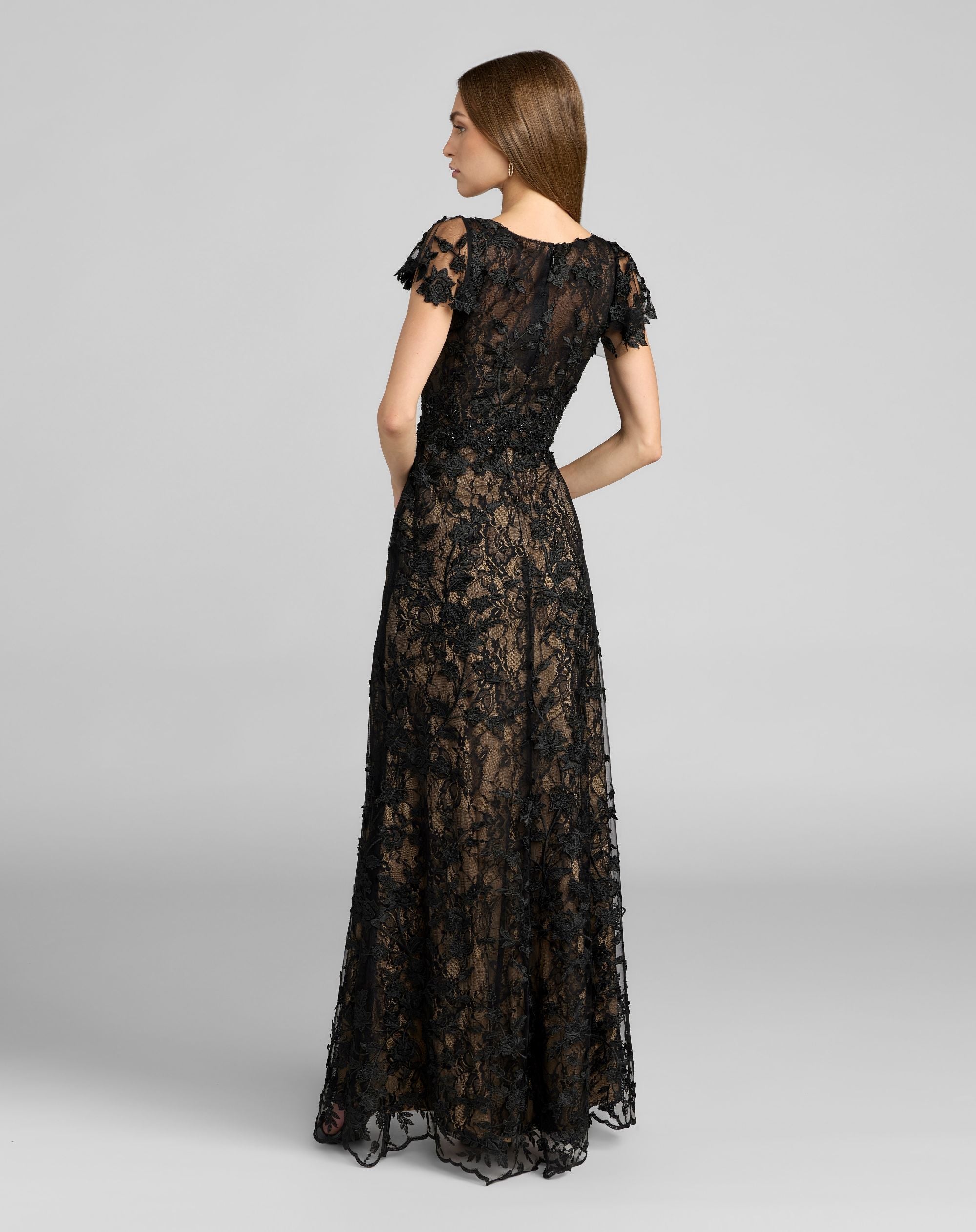 Mac Duggal #68192 black nude flutter sleeve gown back view