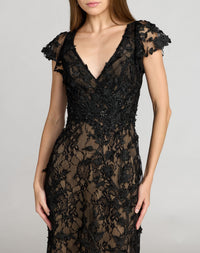 Mac Duggal #68192 black nude embroidered lace bodice close up