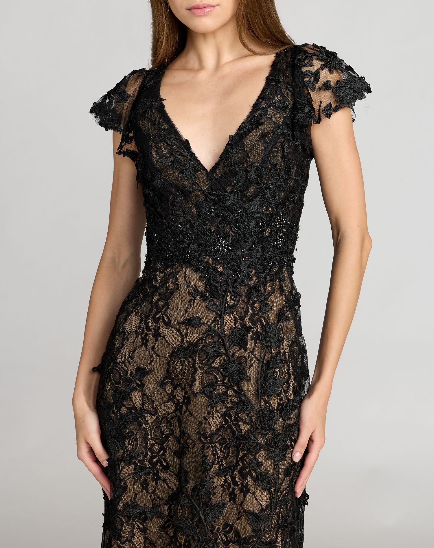 Mac Duggal #68192 black nude embroidered lace bodice close up