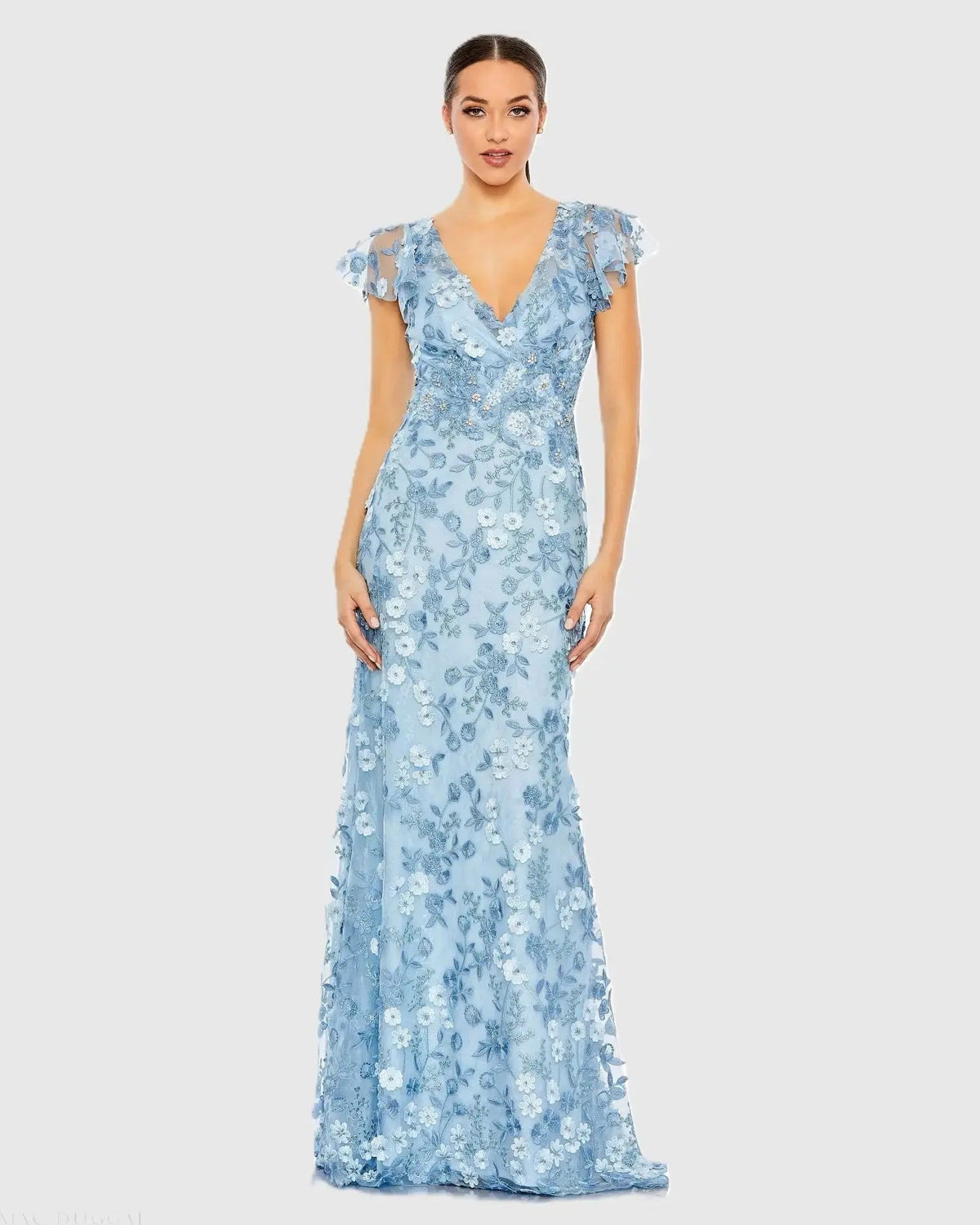 Mac Duggal Powder Blue Flutter Sleeve Floral Embroidered Net Gown #68810 Shaide Boutique Mac Duggal Powder Blue Flutter Sleeve Floral Embroidered Net Gown #68810 Shaide Boutique