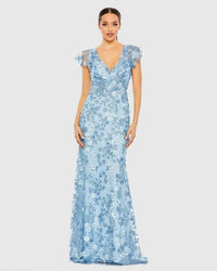 Mac Duggal Powder Blue Flutter Sleeve Floral Embroidered Net Gown #68810