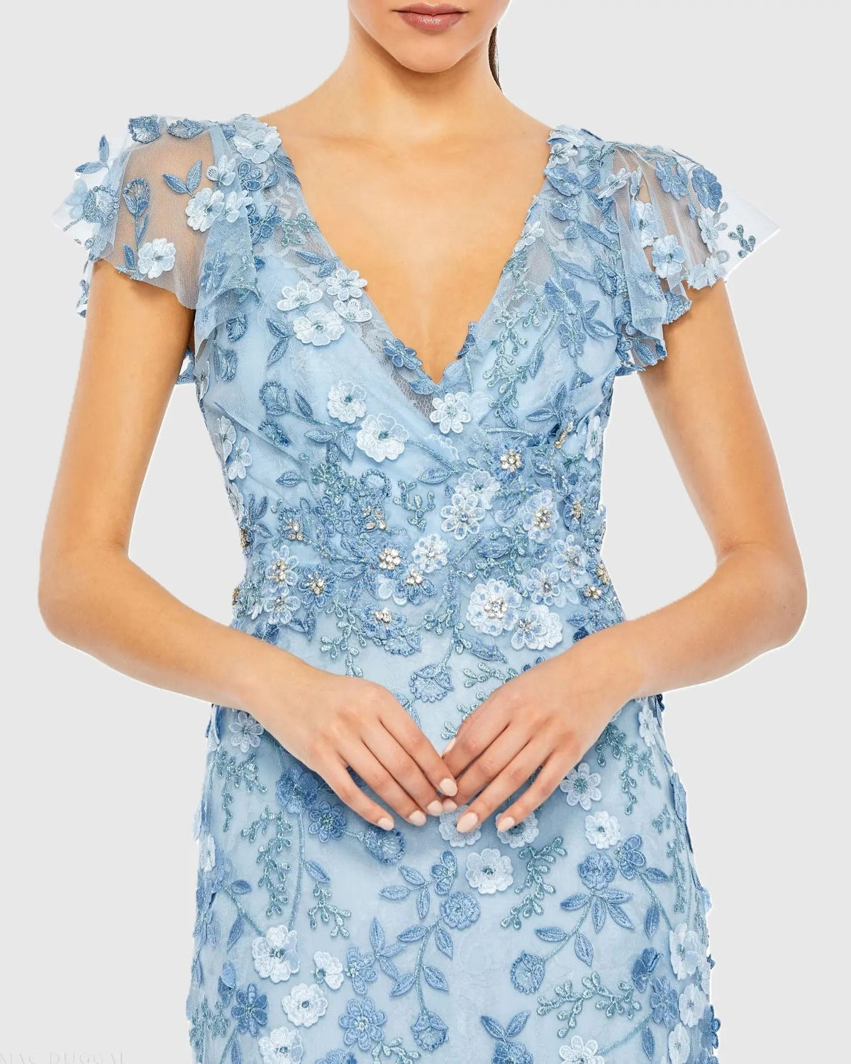 Mac Duggal Powder Blue Flutter Sleeve Floral Embroidered Net Gown #68810