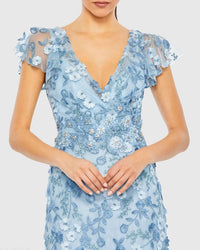 Mac Duggal Powder Blue Flutter Sleeve Floral Embroidered Net Gown #68810