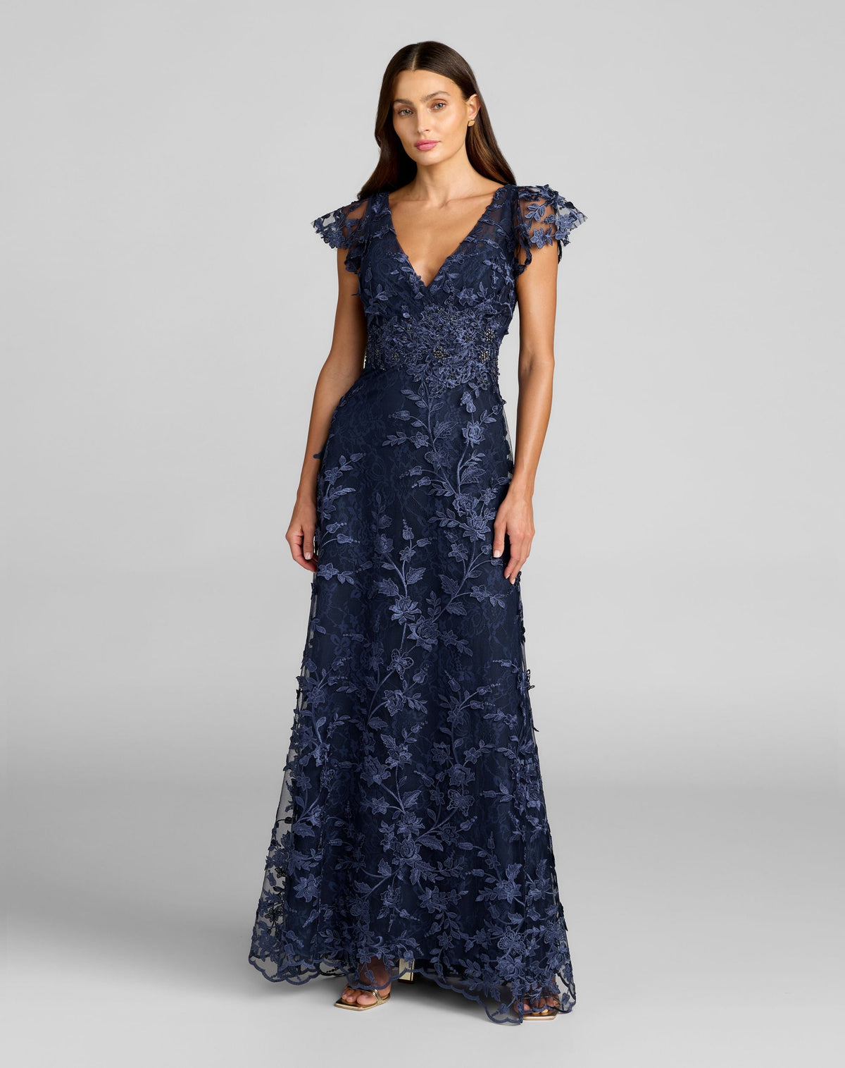 Mac Duggal #68192 Midnight embroidered applique wrap over flutter sleeve gown