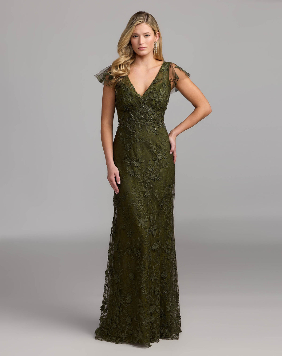 Mac Duggal #68192 Olive embroidered applique wrap over flutter sleeve gown
