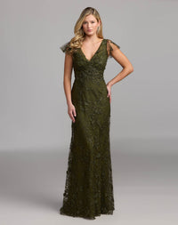 Mac Duggal #68192 Olive embroidered applique wrap over flutter sleeve gown
