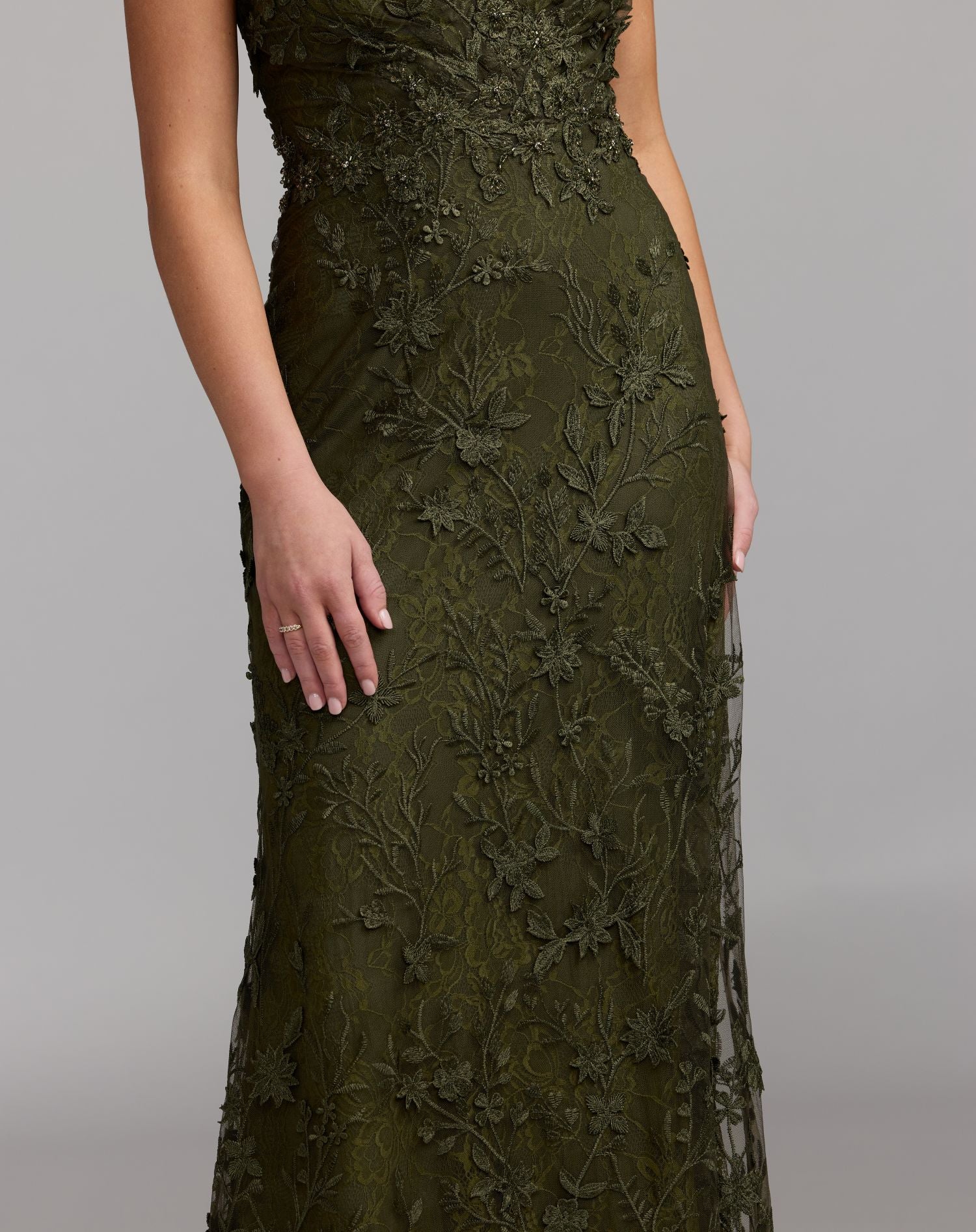 Mac Duggal #68192 Olive embroidered applique gown detail