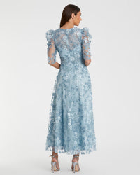 Applique High Neck Puff Sleeve A Line Modest Dress - Sage