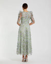 Applique High Neck Puff Sleeve A Line Modest Dress - Sage