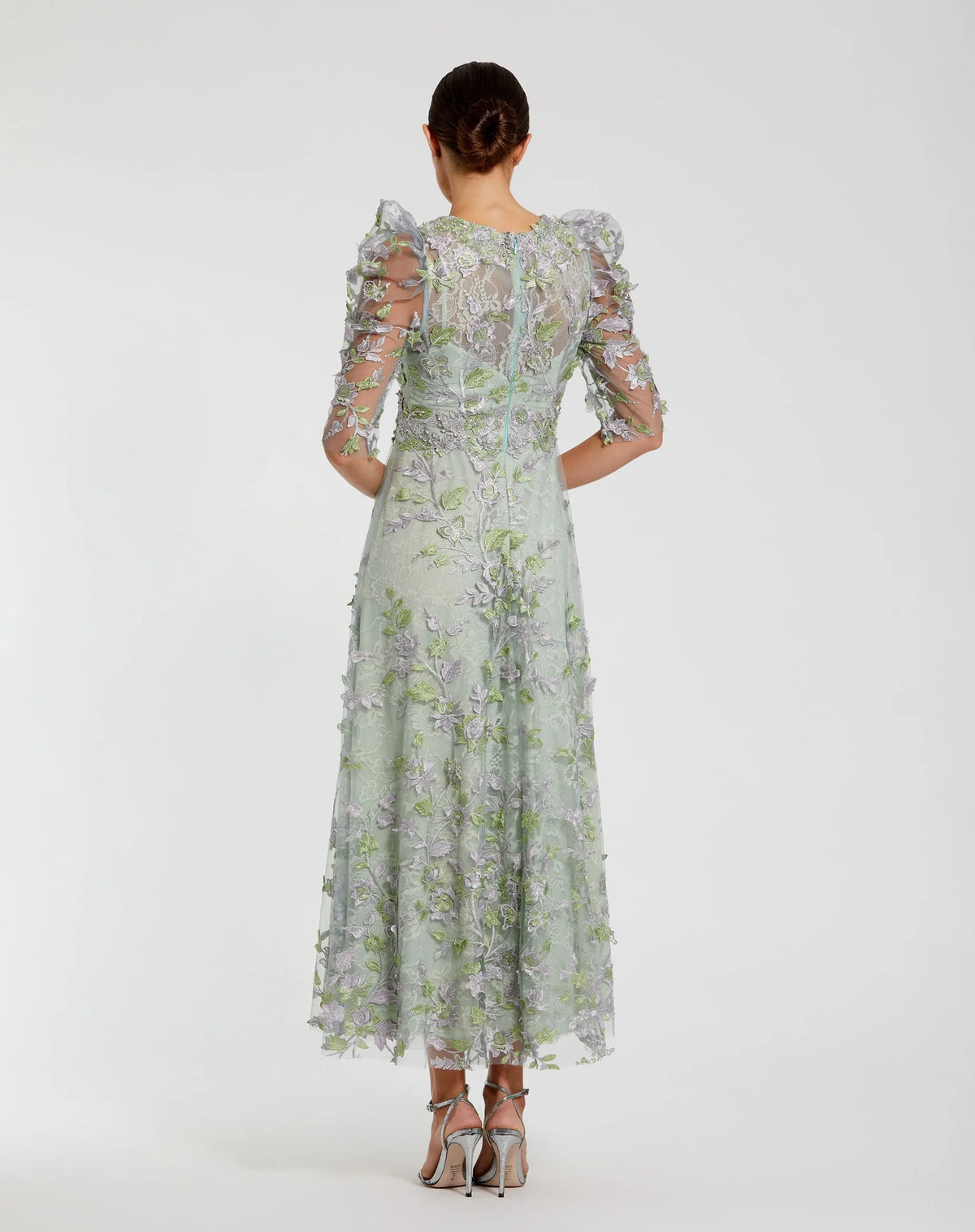 Applique High Neck Puff Sleeve A Line Modest Dress - Sage