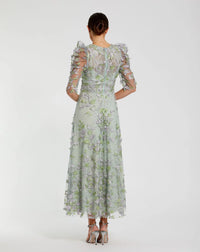 Applique High Neck Puff Sleeve A Line Modest Dress - Sage