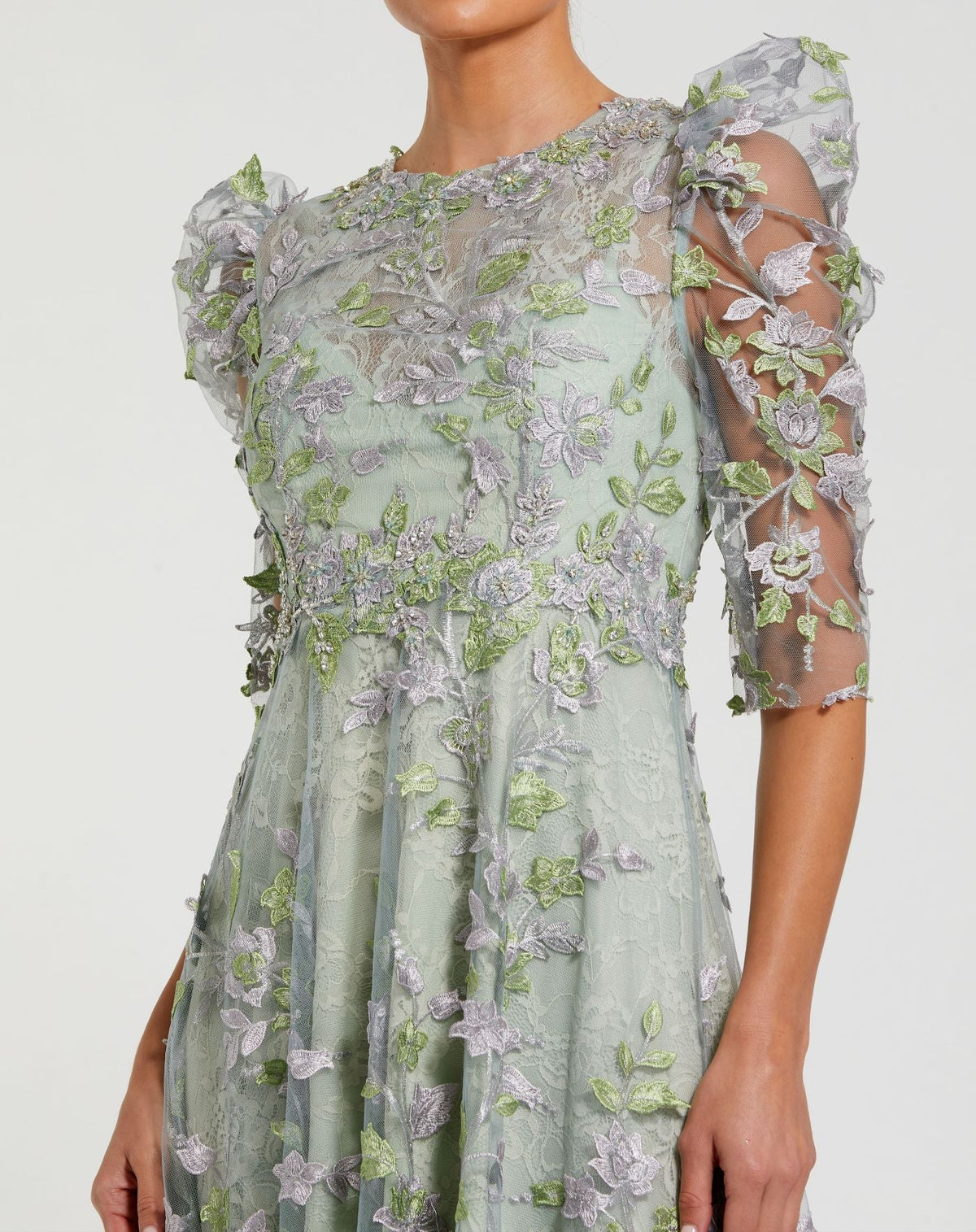 Applique High Neck Puff Sleeve A Line Modest Dress - Sage