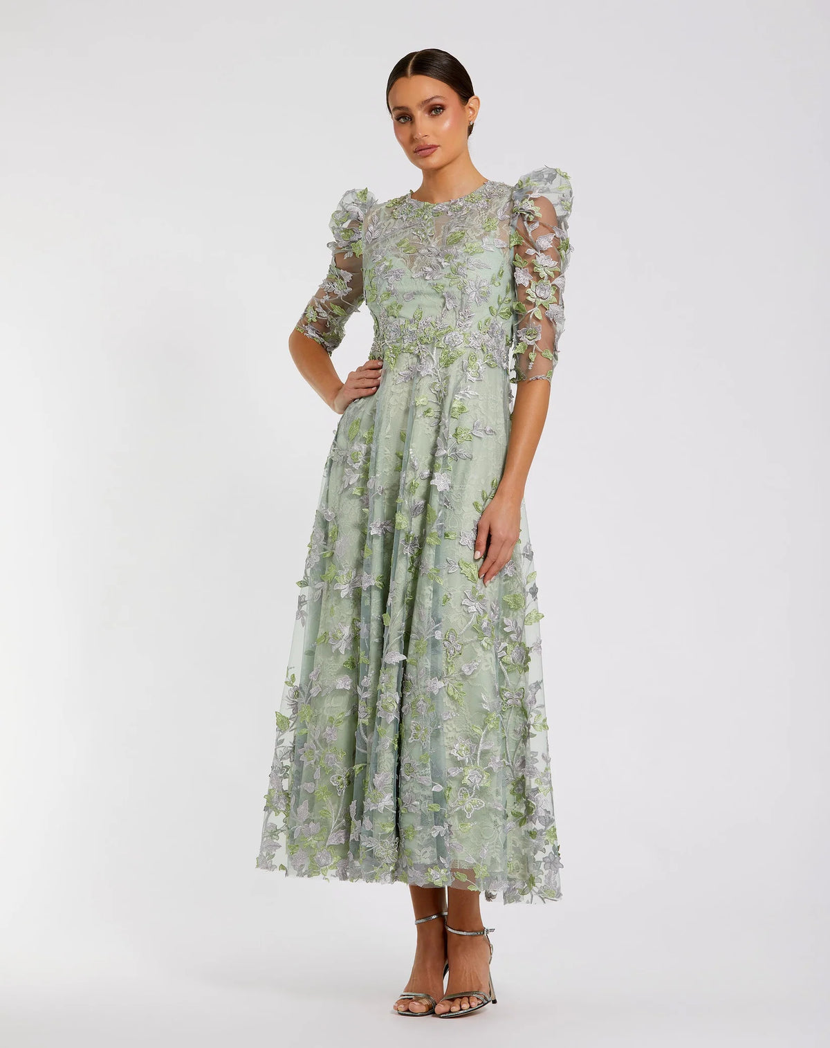 Mac Duggal Applique High Neck Puff Sleeve A Line Modest Dress - Sage Green #68193