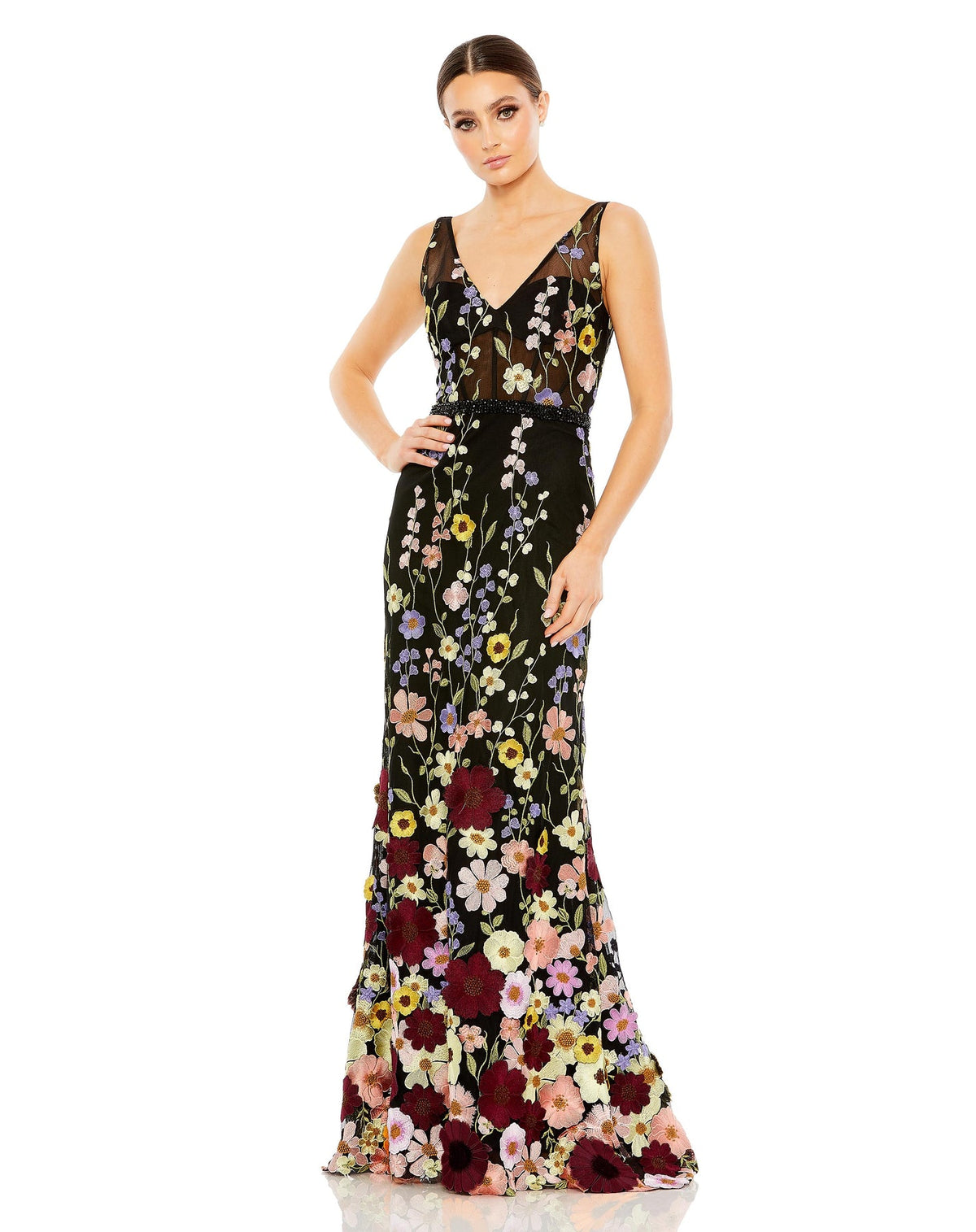 MAC DUGGAL, EMBROIDERED TULLE SLEEVELESS V NECK A LINE GOWN, BLACK, Style #68200