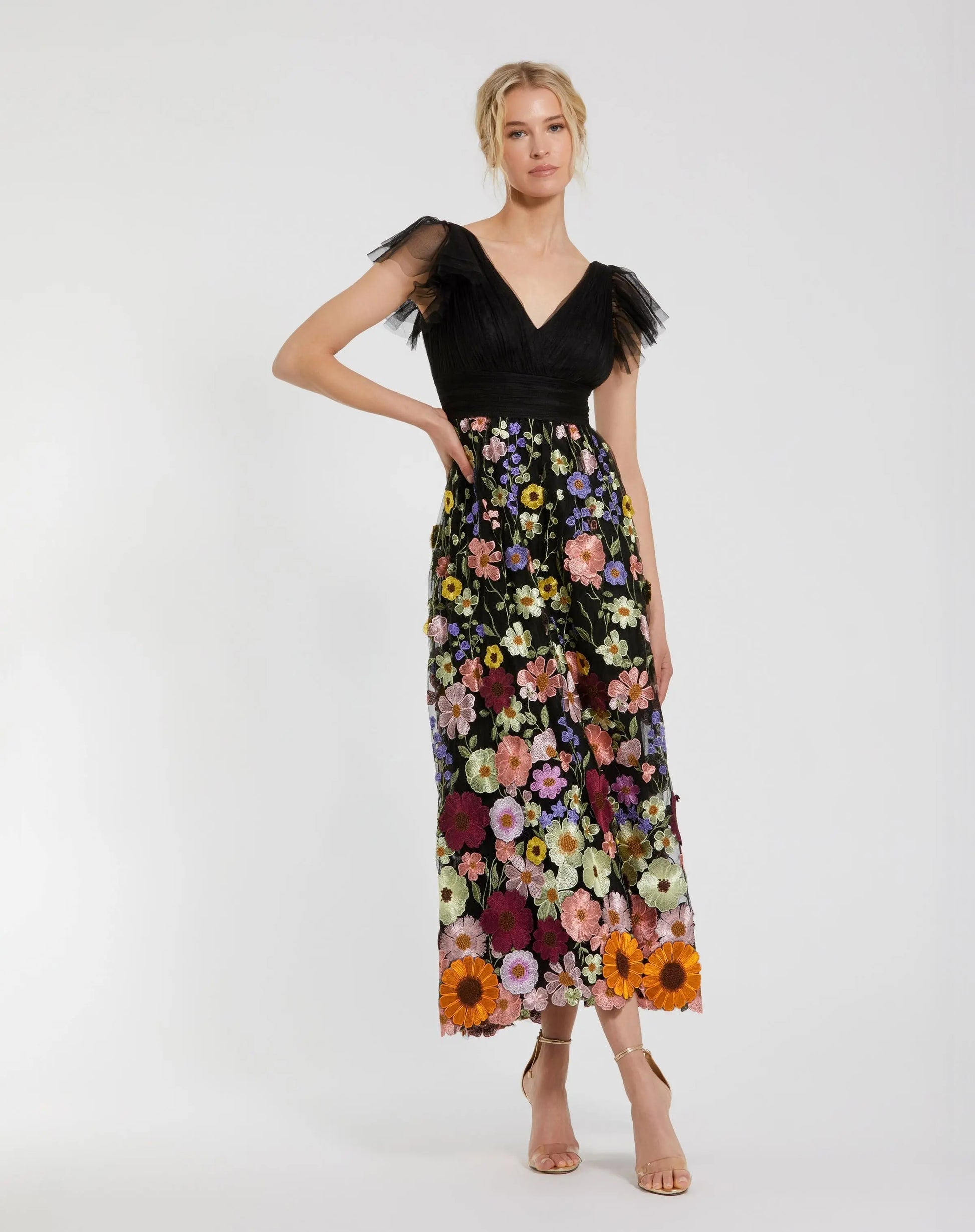 Mac Duggal 68204 Black Multi embroidered flutter sleeve floral dress - front