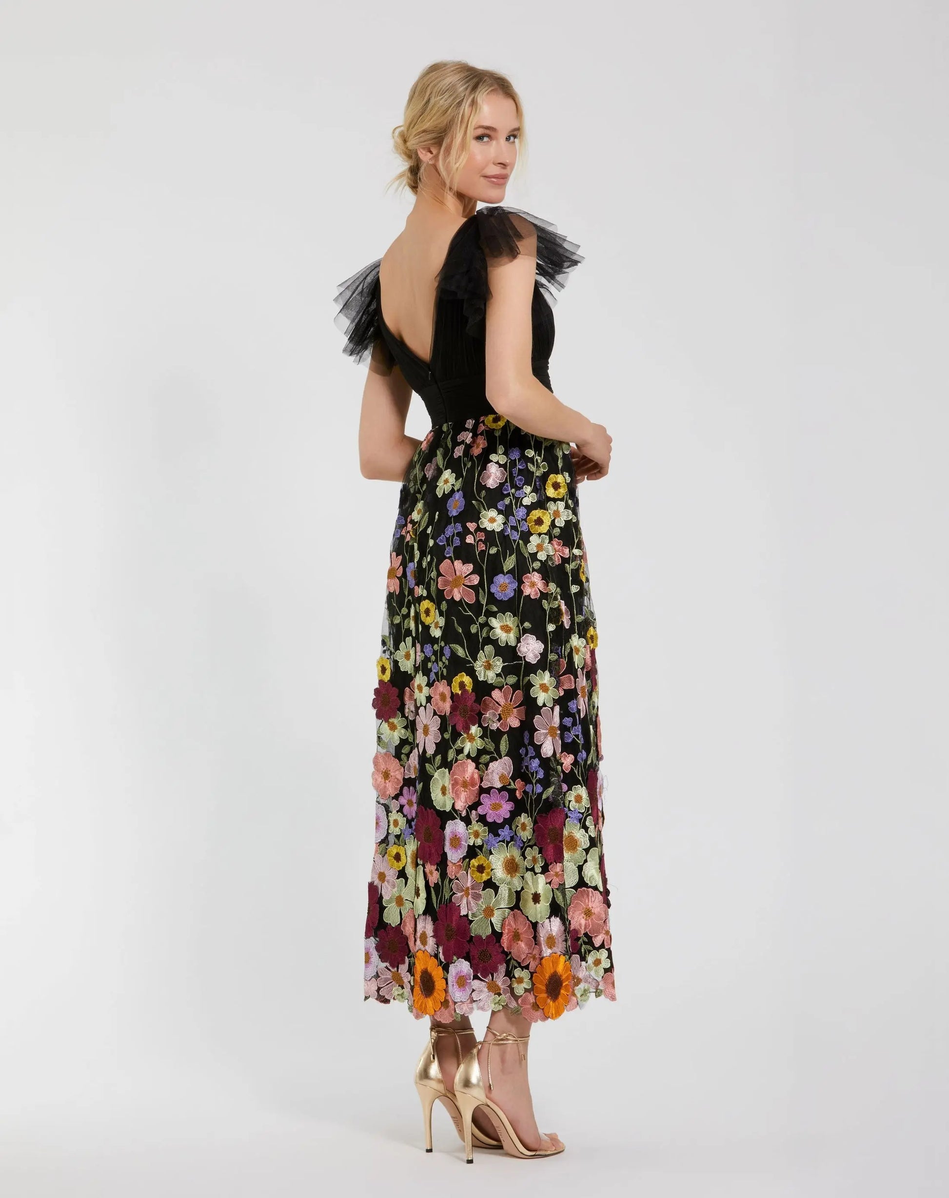 Mac Duggal 68204 Black Multi embroidered flutter sleeve floral dress - back