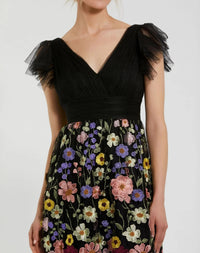 Mac Duggal 68204 Black Multi embroidered flutter sleeve floral dress - detail