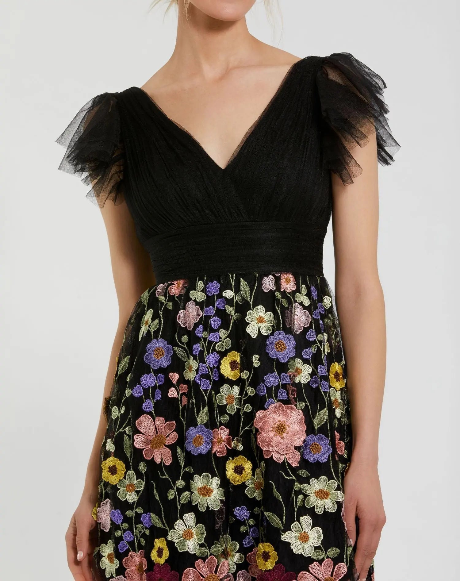 Mac Duggal 68204 Black Multi embroidered flutter sleeve floral dress - detail