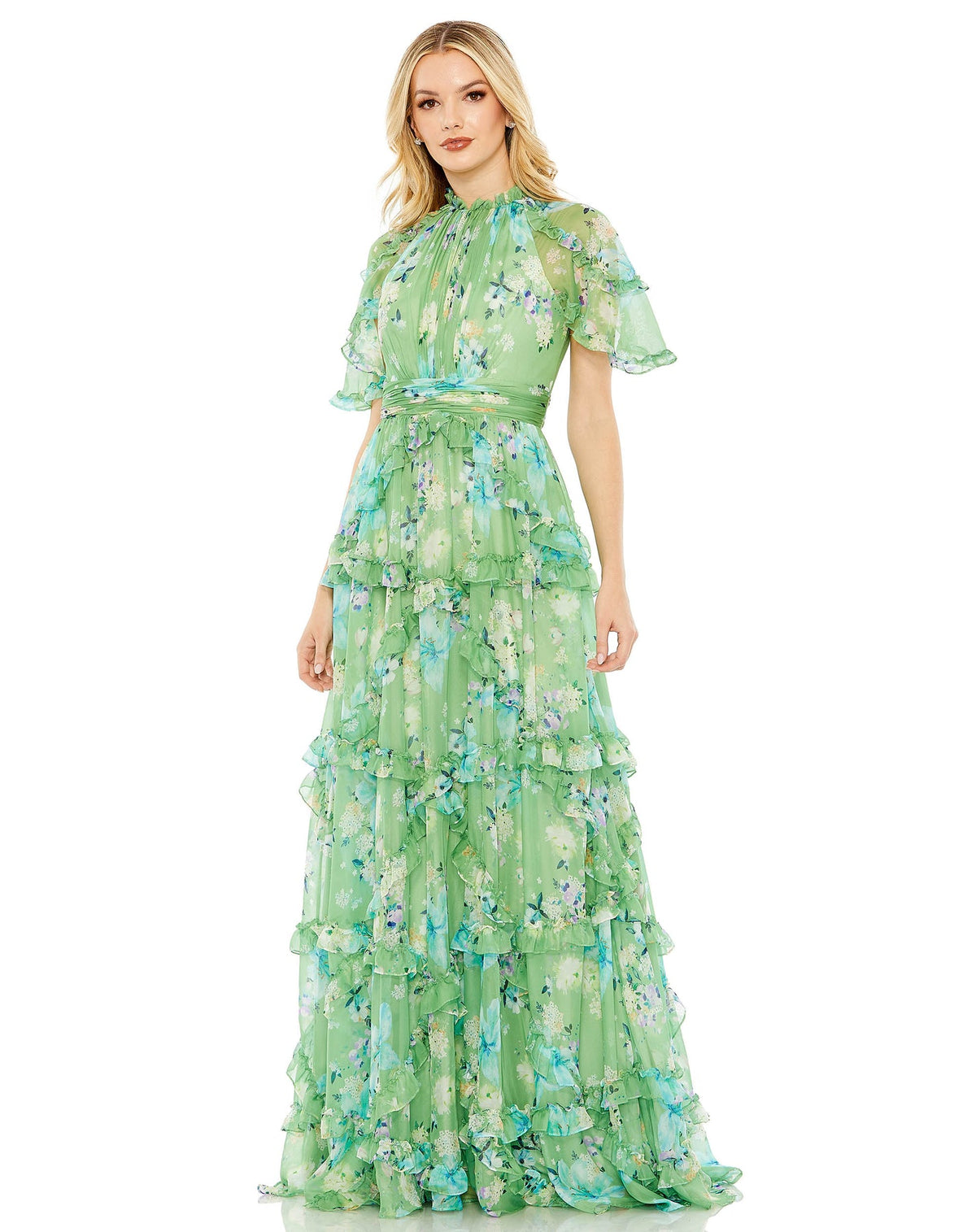 mac duggal, floral print maxi dress, FLORAL PRINT CHIFFON CASCADING RUFFLE RAGLAN GOWN, Style #68216