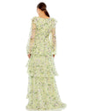 MAC DUGGAL, FLORAL CHIFFON TIERED RUFFLE PUFF SLEEVE GOWN, Style #68220, KEY LIME FLORAL DRESS