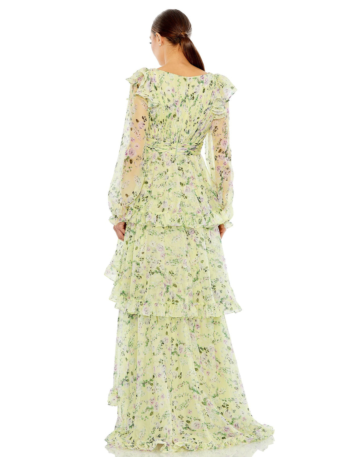MAC DUGGAL, FLORAL CHIFFON TIERED RUFFLE PUFF SLEEVE GOWN, Style #68220, KEY LIME FLORAL DRESS