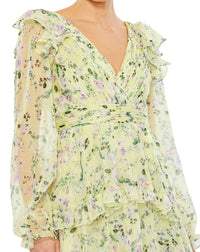 MAC DUGGAL, FLORAL CHIFFON TIERED RUFFLE PUFF SLEEVE GOWN, Style #68220, KEY LIME FLORAL CLOSE UP