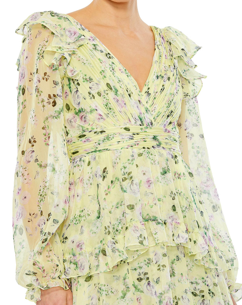 MAC DUGGAL, FLORAL CHIFFON TIERED RUFFLE PUFF SLEEVE GOWN, Style #68220, KEY LIME FLORAL CLOSE UP