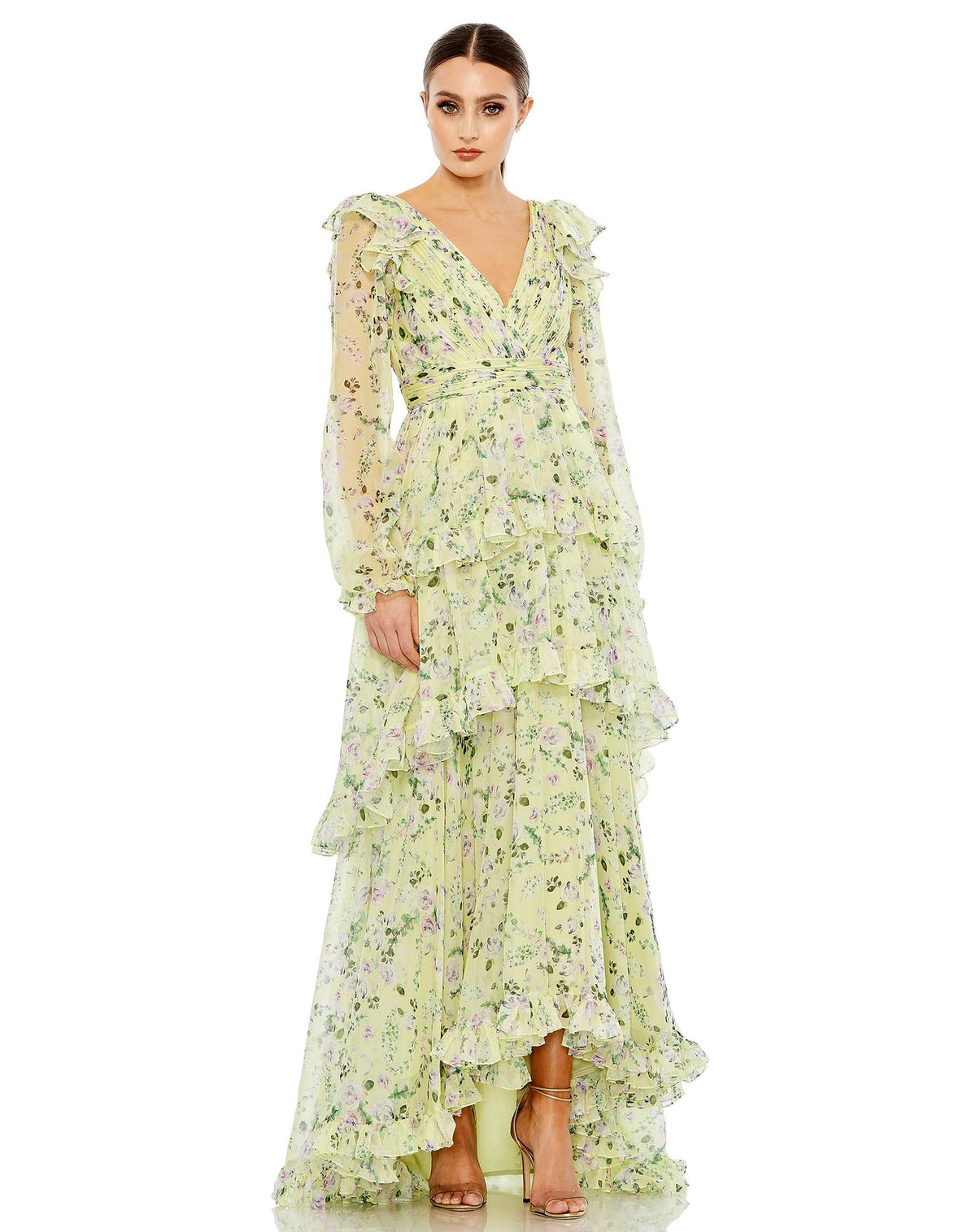 MAC DUGGAL, FLORAL CHIFFON TIERED RUFFLE PUFF SLEEVE GOWN, Style #68220, KEY LIME