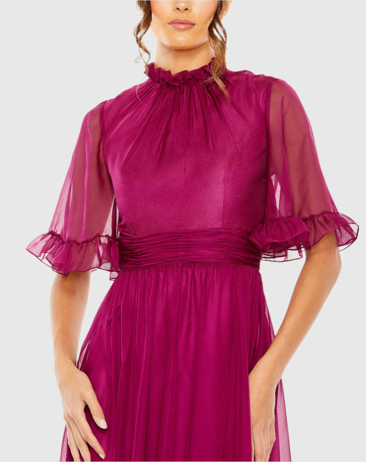 Ruffled Mock Neck Sleeve High Low Modest Gown - Raspberry