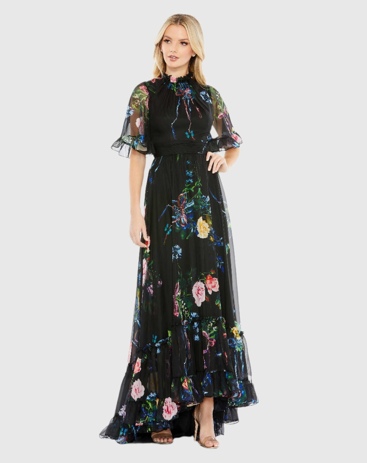 Mac Duggal, Floral Print Midi Modest Dress - Black #68230